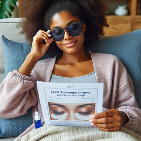A person with a relaxed expression sits comfortably, wearing protective sunglasses, while reviewing LASIK post-surgery care instructions and eye drops.