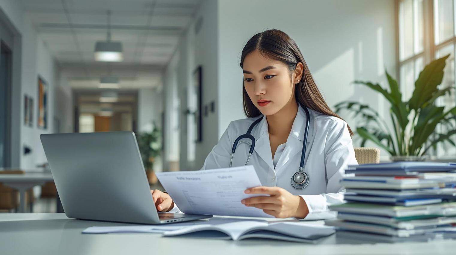 Healthcare professional analyzing financial strategies supporting future medical innovation and patient solutions today.