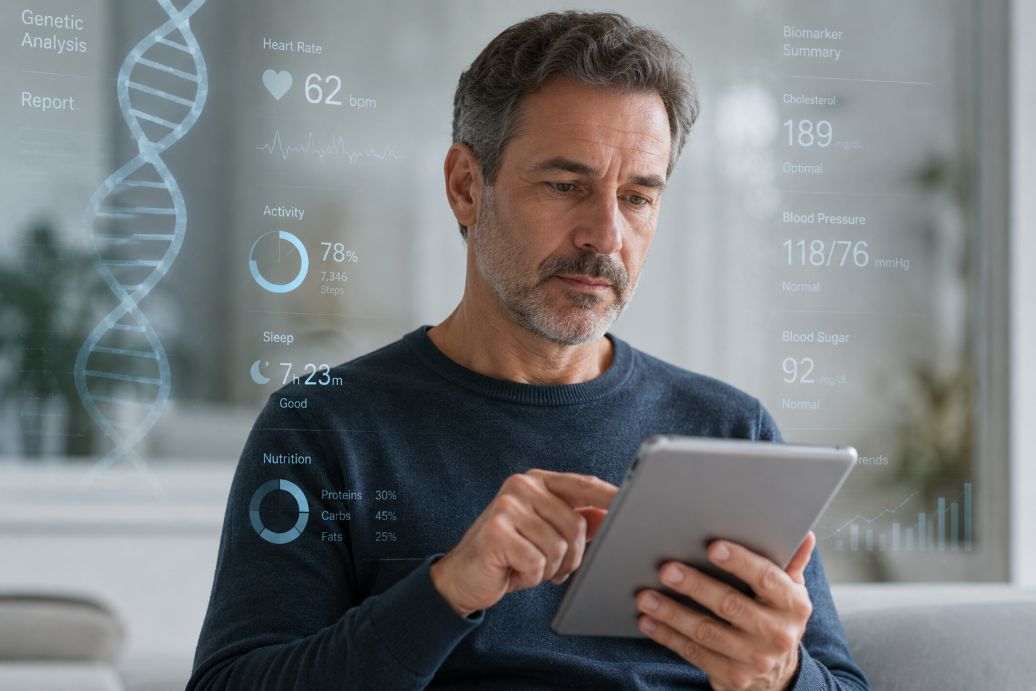 middle-aged adult reviewing health data on a tablet